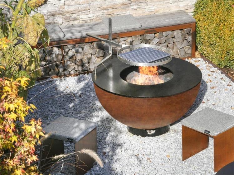 Hemisphere Corten Steel Fire Globe Tripod Hanging Fire Pit BBQ Grill
