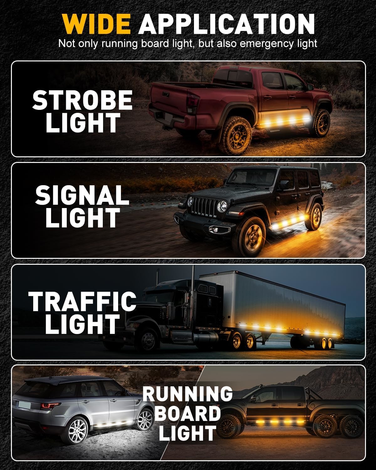 Emergency Strobe Light Strips Running Board Safety Warning Flashing Light Amber White Flexible Hazard Light for Trucks