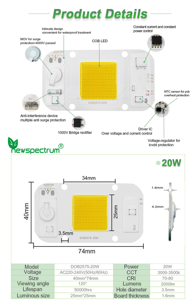 Driverless AC 50W LED Chip Flip Chip Cob Led For DIY Floodlight