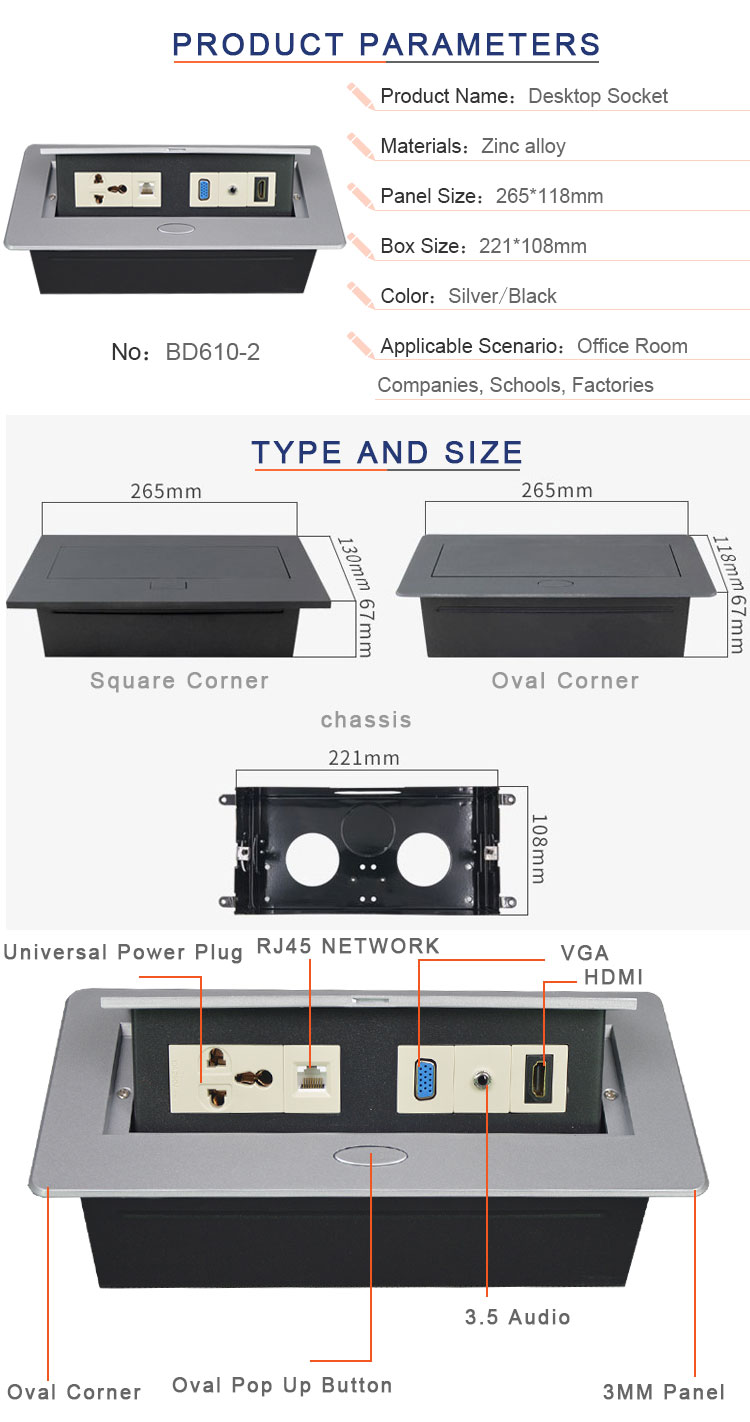 table top socket popup box/ desktop socket round connector with multiple wires