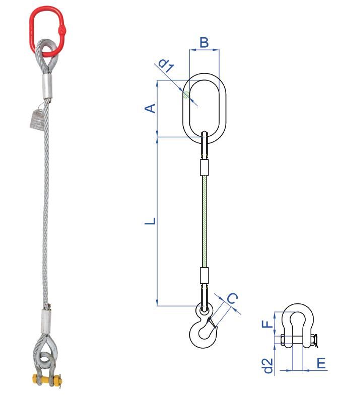 20mm Single leg steel wire rope slings, steel core, swaged wire rope with Flemish Eye Sleeve, Thimble and Master Link 1