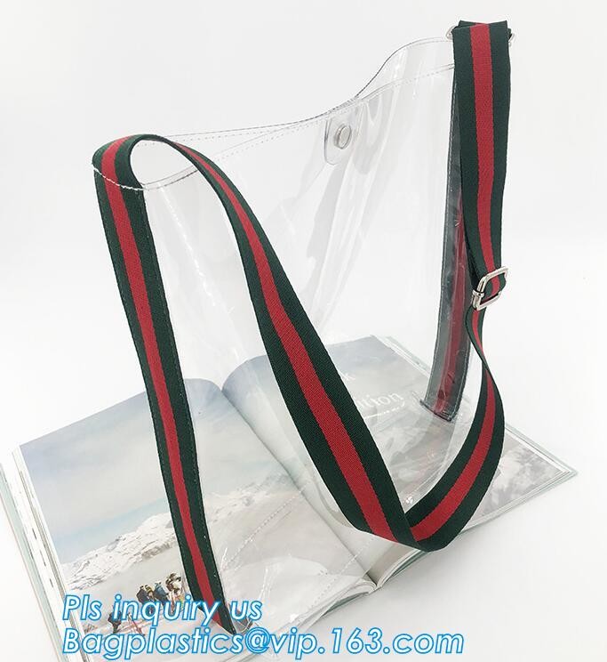 PVC Tote Shoulder Bag Gym Travel Beach shopping bags, Made in China transparent PVC shoulder bag clutch bag, packaging