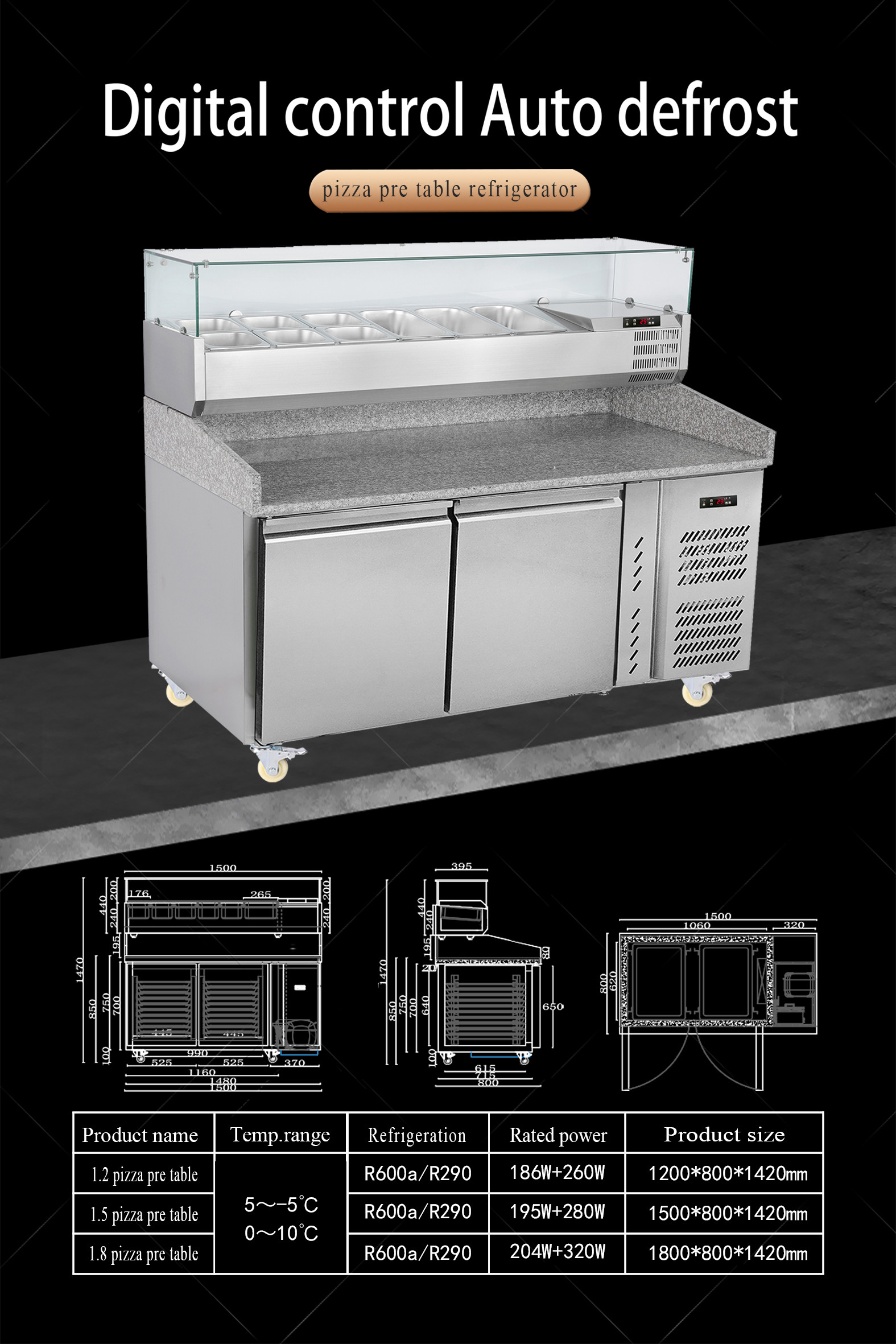 Pizza Pre Table Refrigerator With Drawers Commercial Kitchen Salad Workbench