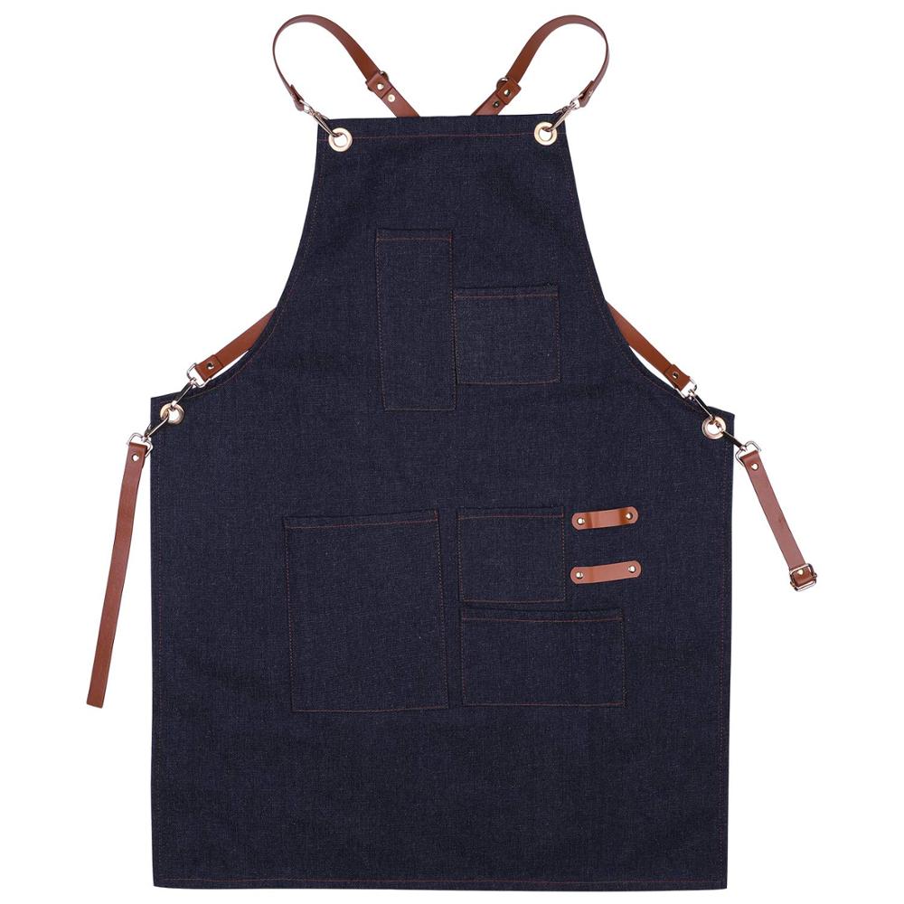 Cross Back Bib Denim Kitchen Apron , Mens Denim Apron With Leather Straps