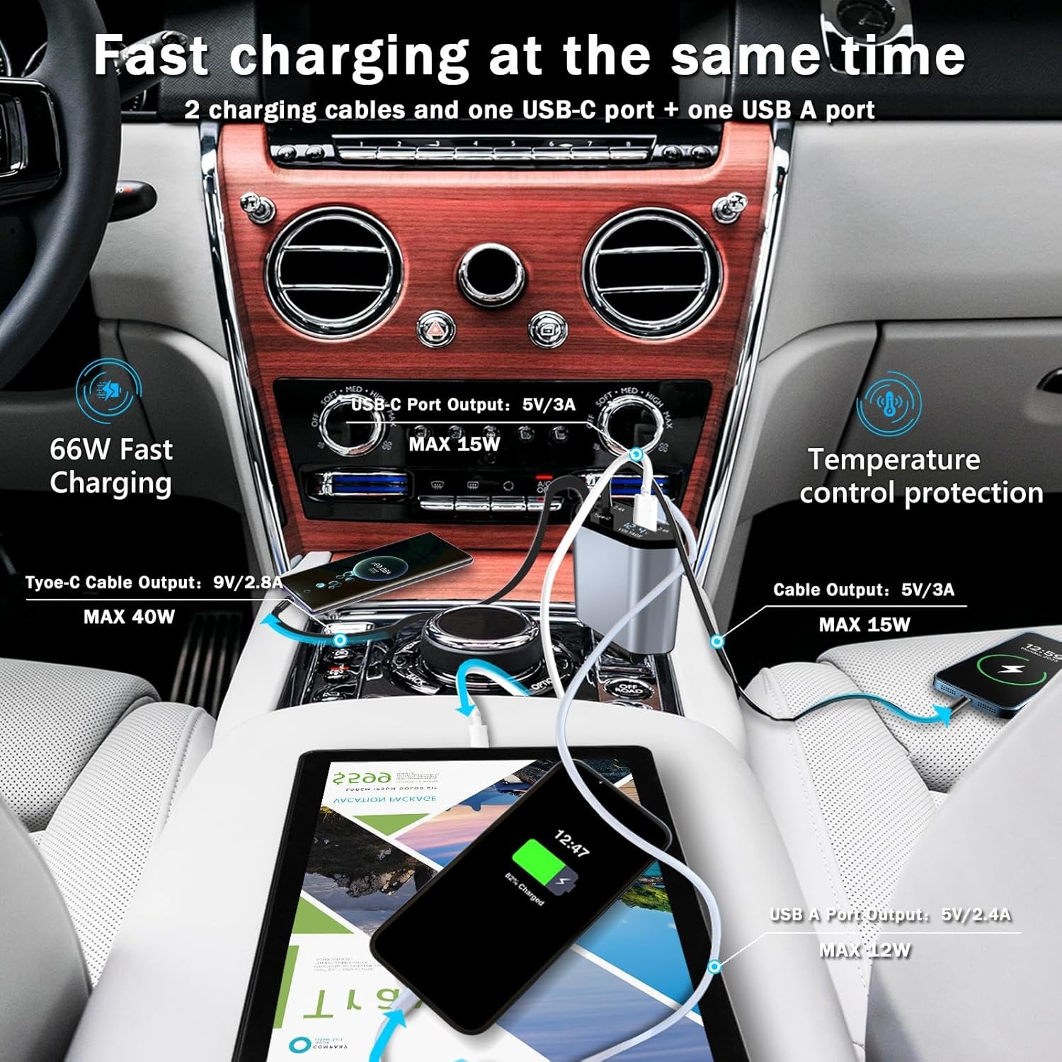 4IN1 Car Fast Charger USB Type C Cable For IPhone Huawei Samsung Cigarette Lighter
