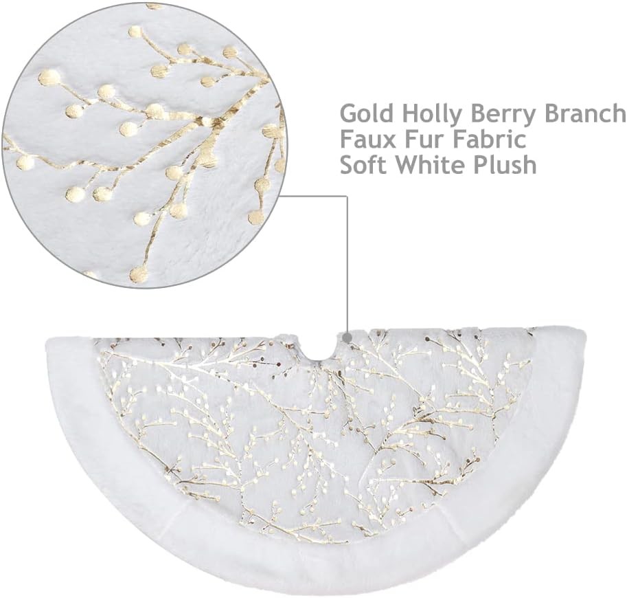 hristmas Tree Skirt with Golden Berries, 32Inches Faux Fur Plush Tree Skirt for Holiday Home Decor Xmas