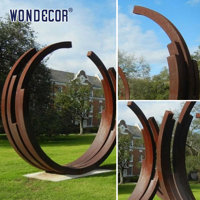 Large outdoor garden abstract long strip ring weather resistant steel sculpture