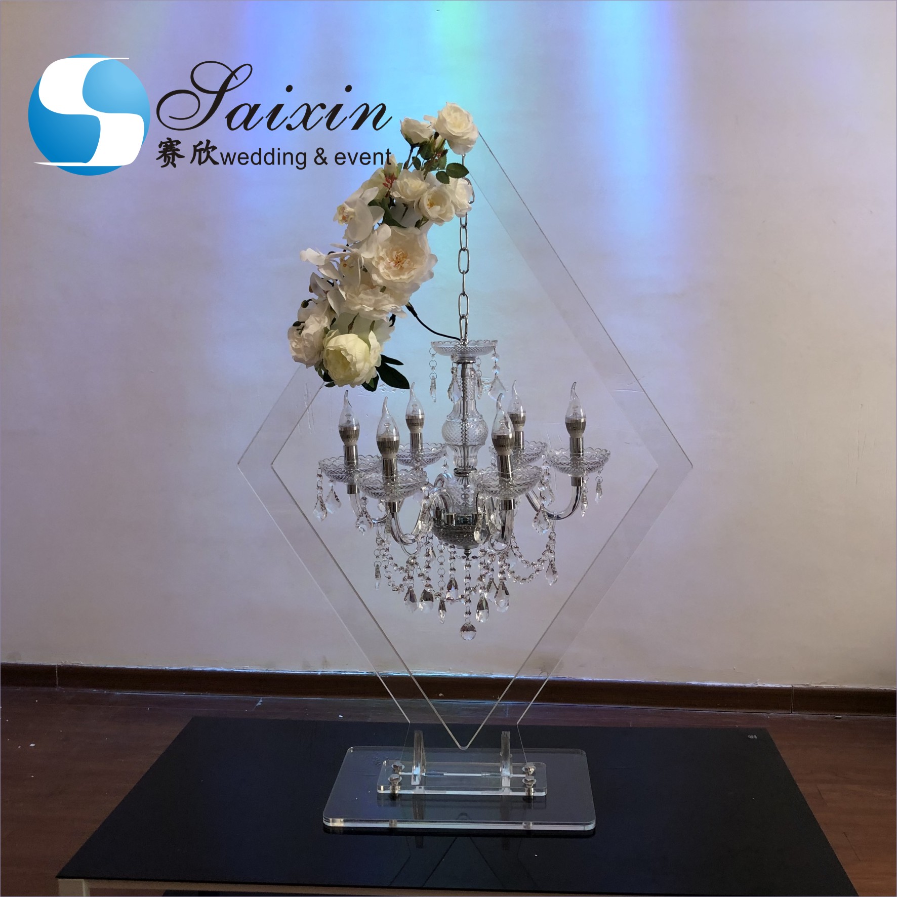 ZT-407C Wedding event centerpieces rhombic clear acrylic stand with crystal lighting chandeliers
