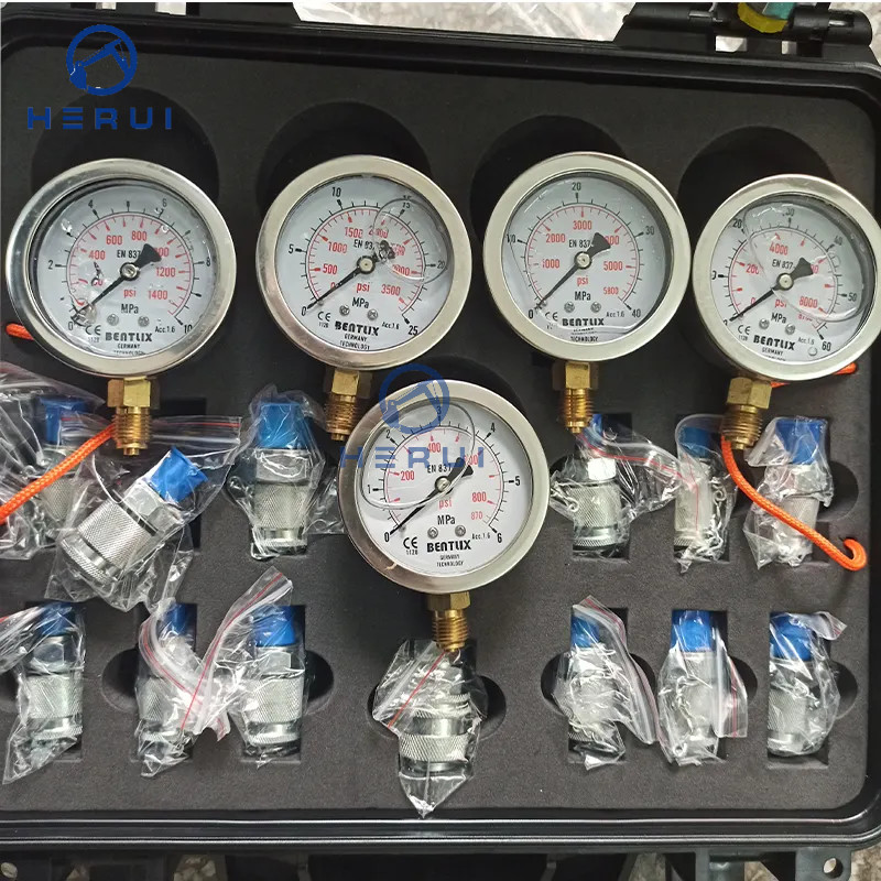 Construction Machinery Parts Universal 5 Gauges Hydraulic Pressure Gauge Tester With Tee Joint Set Tee Connector Box