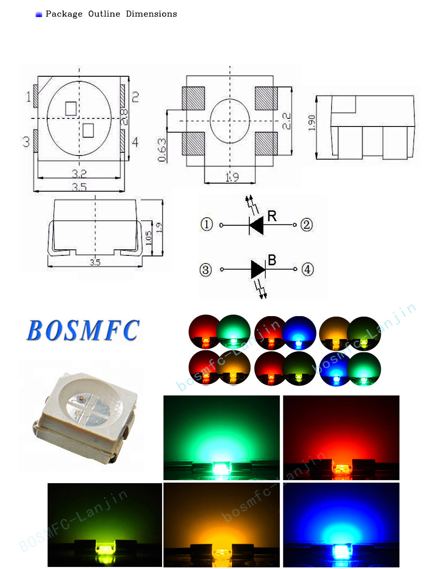 20mA Bi Color PLCC4 3528 SMD LED Chip 1.9mm Thickness Red & Blue Color 4 Pins