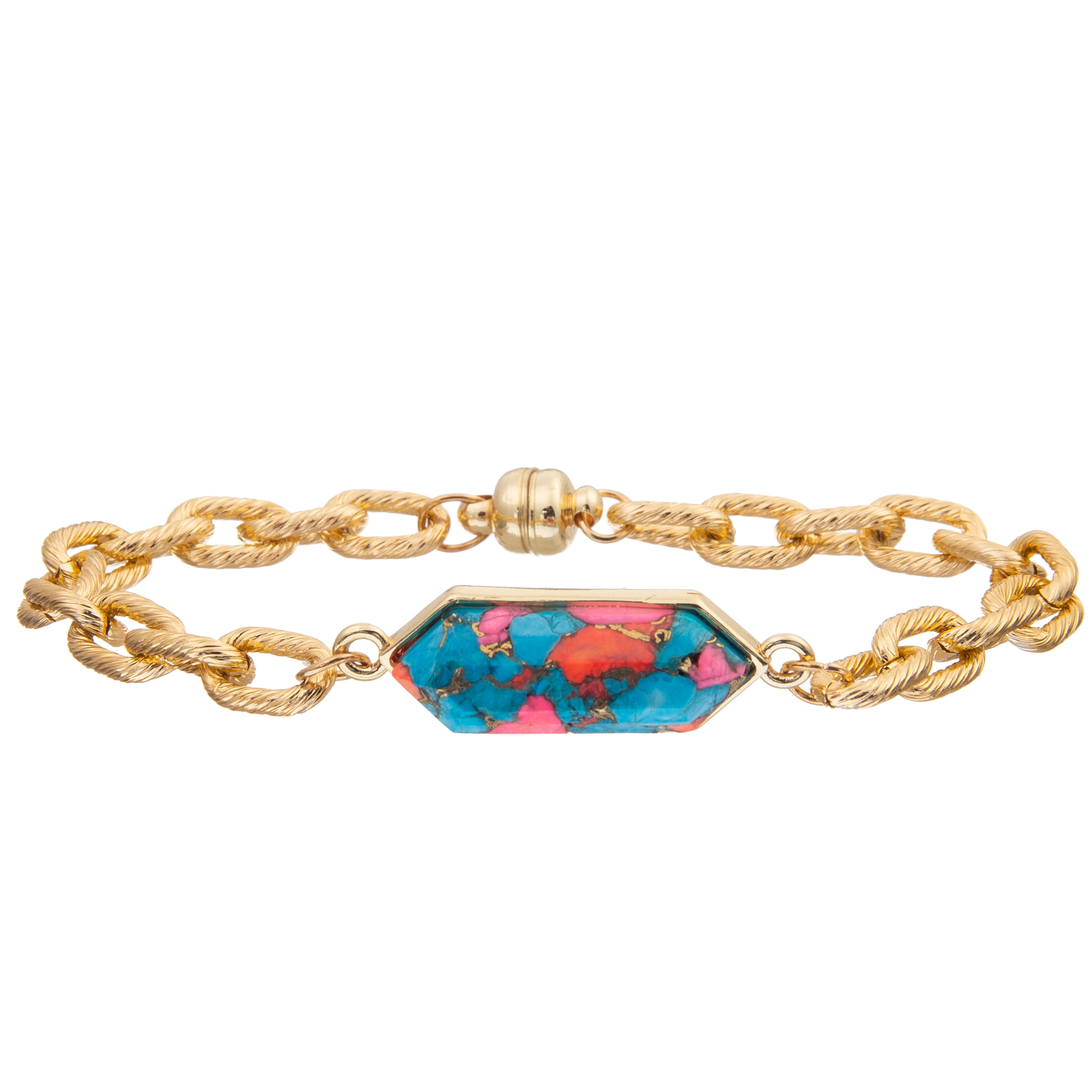 Magnetic Buckle Twist Chain Link Bangle Bracelet With Silver Plated Octagon Turquoise