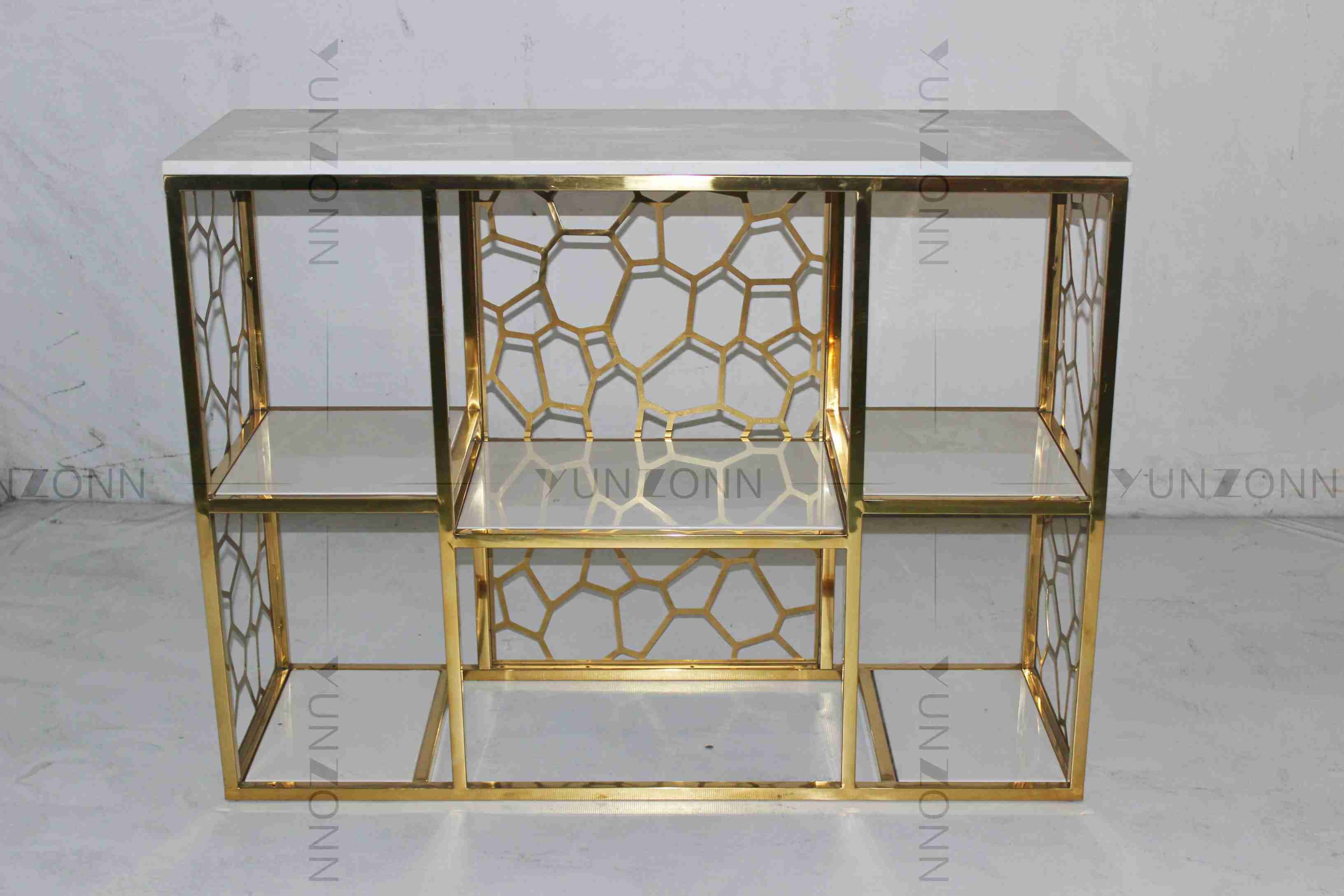 Hollow Out Pattern Carving Design Storage Cabinets Marble Gold Plated Shelving