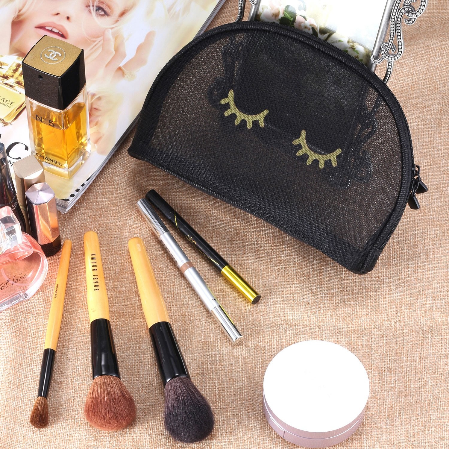 Black See Through Makeup Bag , 9x6 Mesh Cosmetic Bags For Stylish Eyelashes