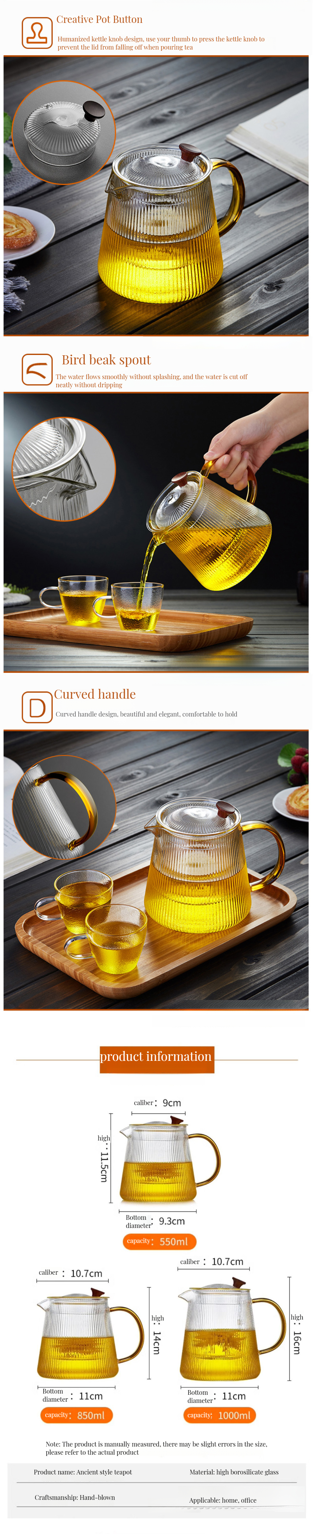 High Borosilicate Glass Tea Pots-1000ml with Classic Design and Heat Resistant Handle