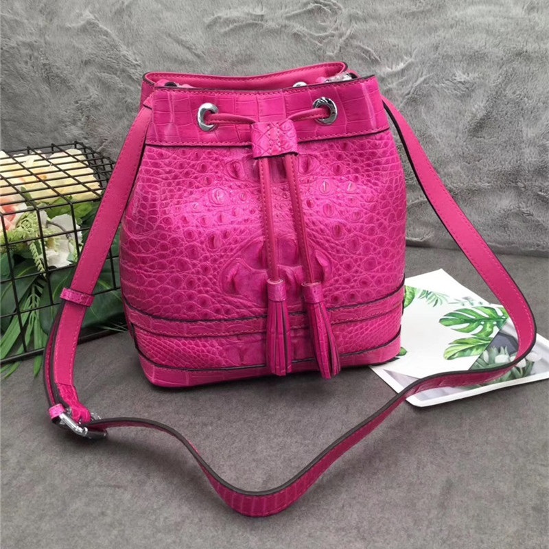 Authentic Crocodile Skin Drawstring Closure Women's Bucket Purse Exotic Alligator Leather Lady Small Tassel Shoulder Bag