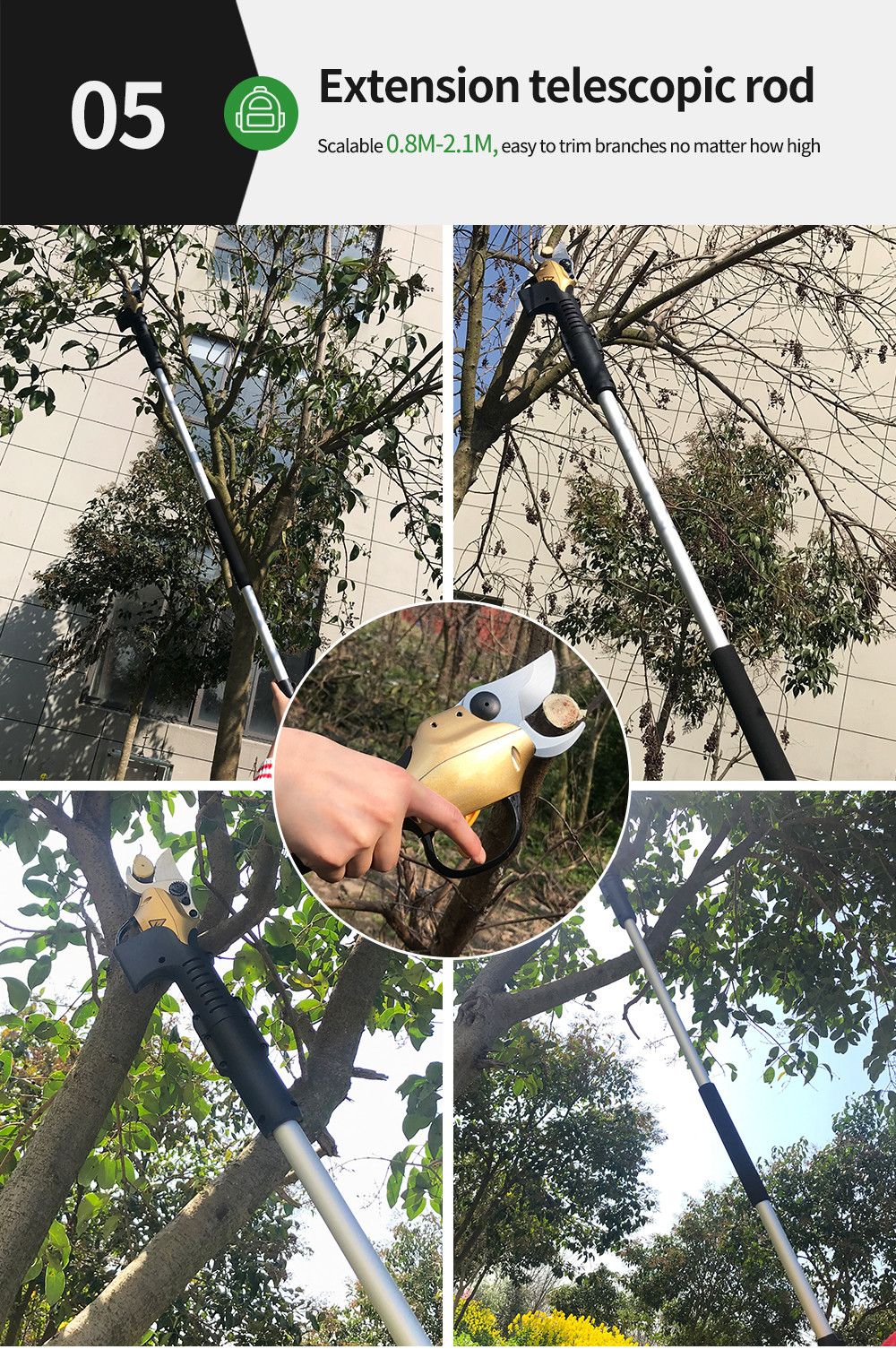 Swansoft 30mm 36V 45mm Lithium Battery Cordless Garden Pruner Scissors Electric Pruning Shear with Telescopic rod