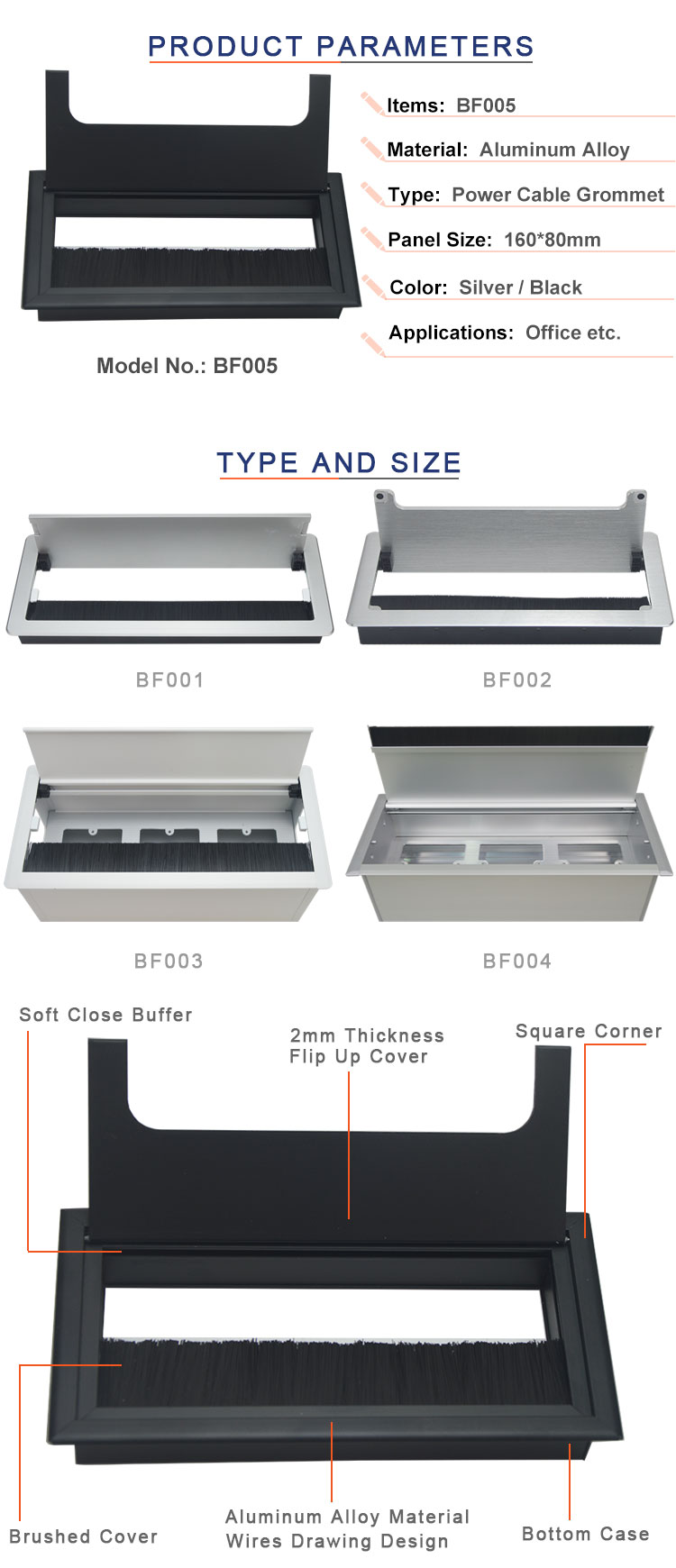 aluminum alloy computer desk retractable cable management,table wire cable grommet box,office desk grommet