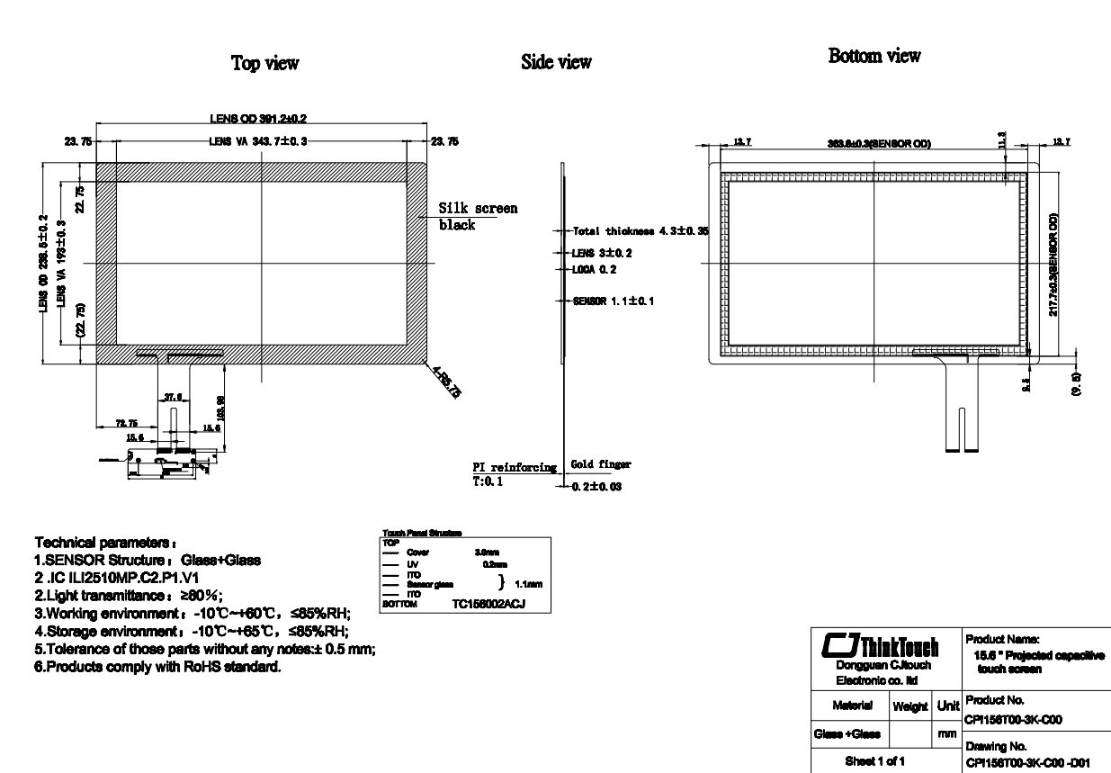 High Sensitivity LCD PCAP Touch Screen Panel For AIO Touch PC 15.6 Inch