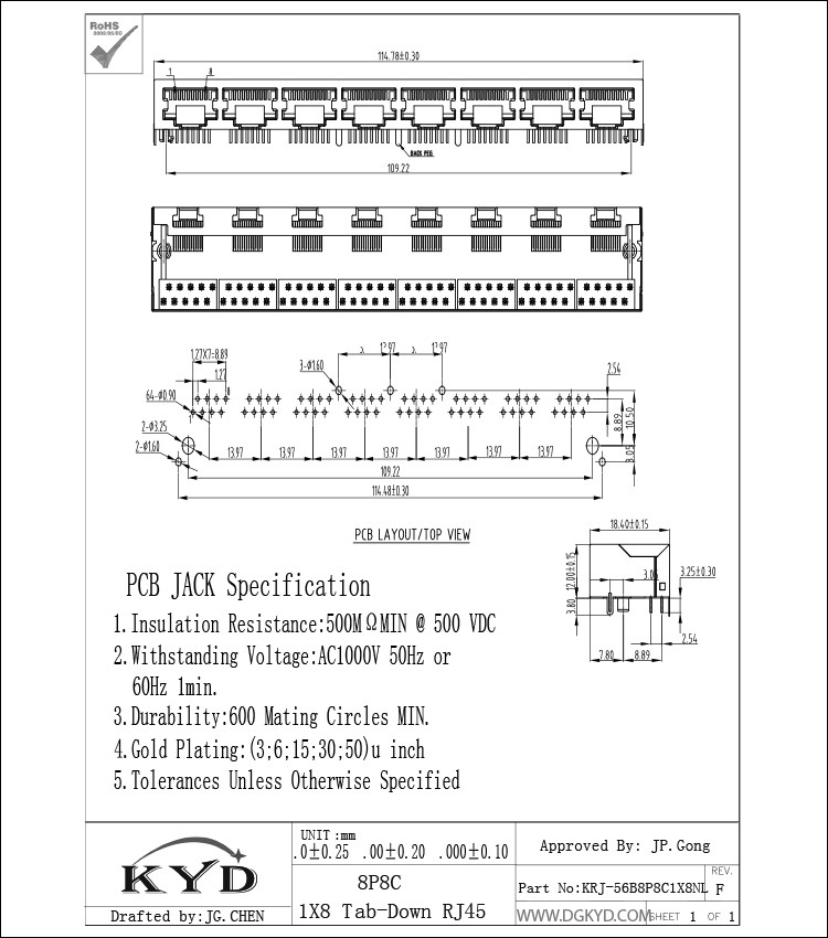 KRJ-56B8P8C1X8NL 8 contacts 8 position rj45 modular connector 1X8 multiple port