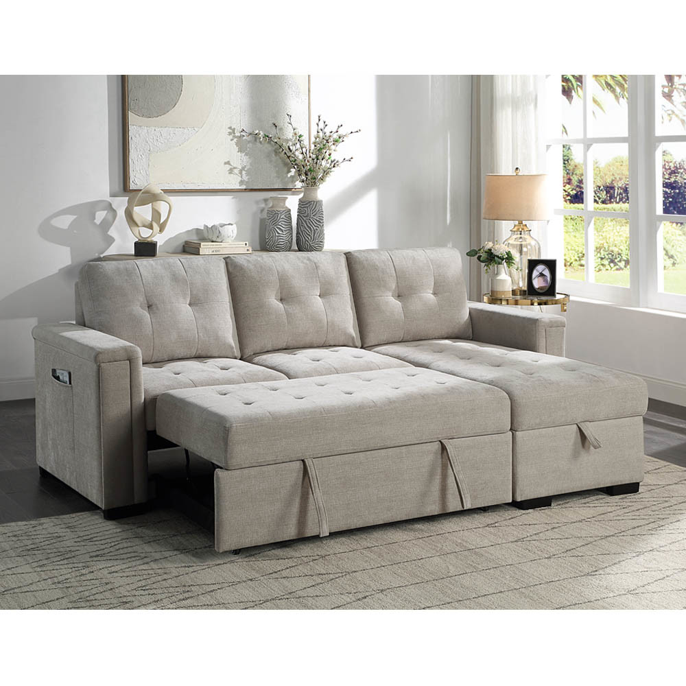 L-Shaped Reversible Sectional Sleeper Sofa with Pull-Out Bed and Storage, Warm Gray Chenille