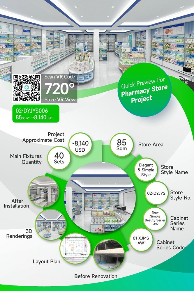 02-DYJYS006, Elegant and Simple Style Pharmacy Store in Wuxi featuring 40 Main Fixtures within 85 Sqm and Approx. $8,140 Budget