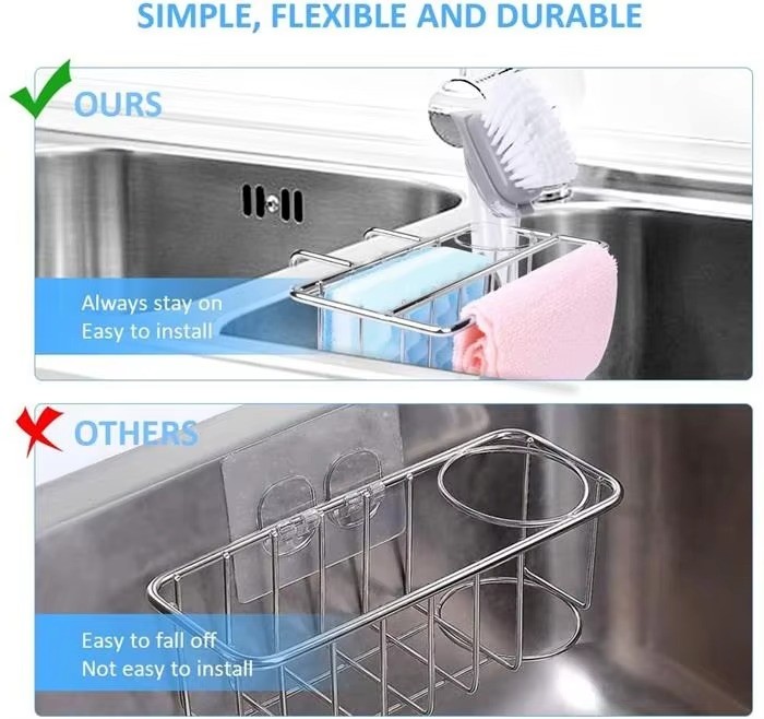 OEM/ODM Design 2-in-1 Wall-Mounted Adhesive Kitchen Sink Organizer Stainless Steel Sponge 0Holder Dishwashing Brush Soap