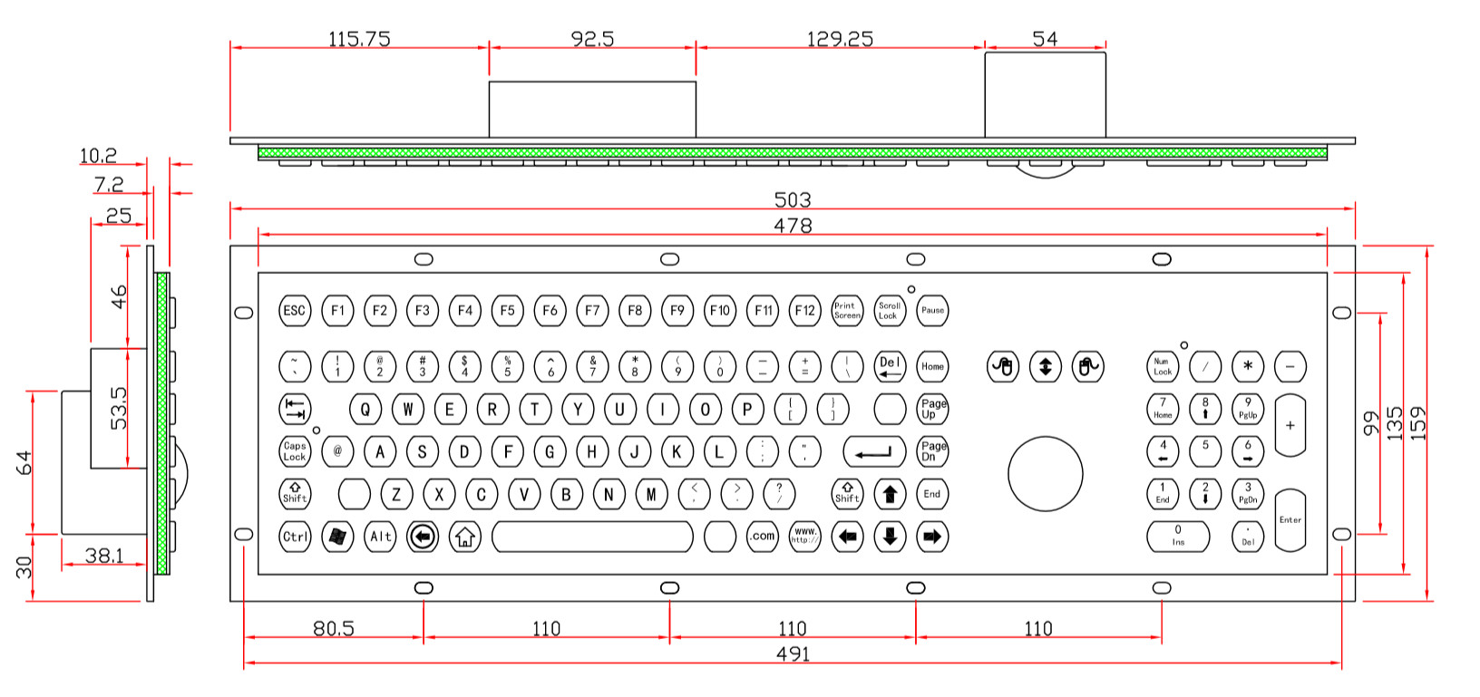 Numeric 106 Key Keyboard With Trackball , Metal Keyboard With Trackball