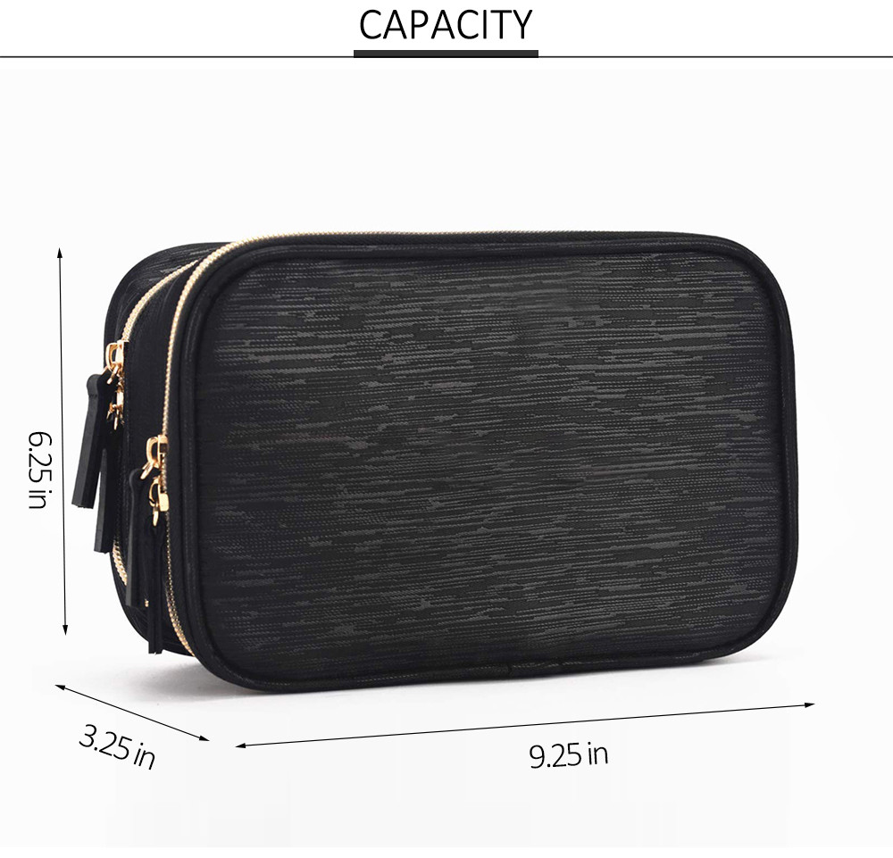 2 Main Compartments Black Polyester Makeup Bag