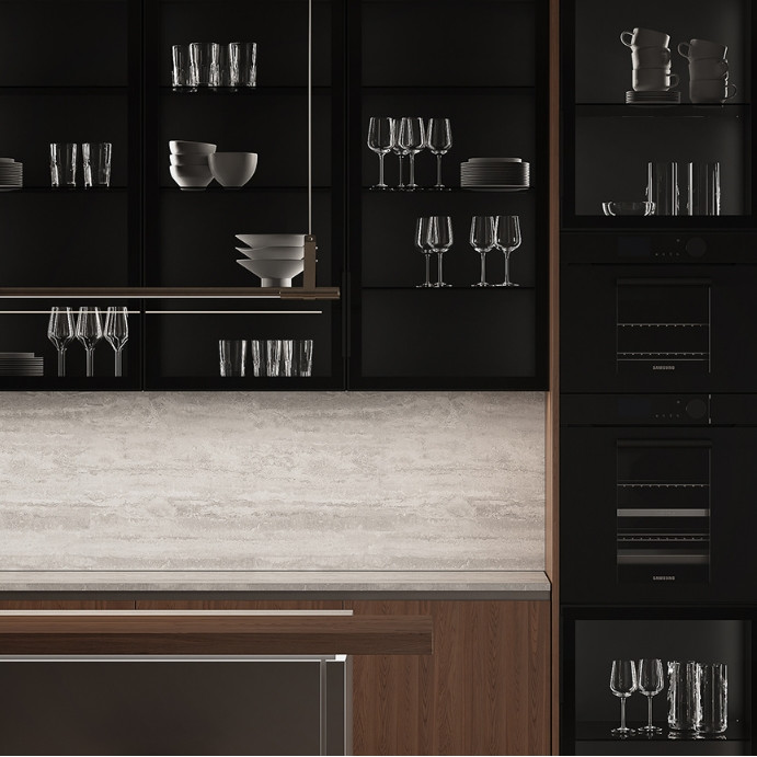 Contemporary Wood Grain Kitchen Set Furniture Cabinet And Stainless Steel Countertop For Apartment
