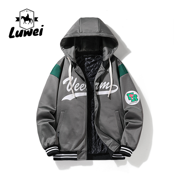 Fashion Hip Hop Streetwear Outdoor Embroidery Utility Motorcycle College Hooded Baseball Men Jacket with Custom Logo