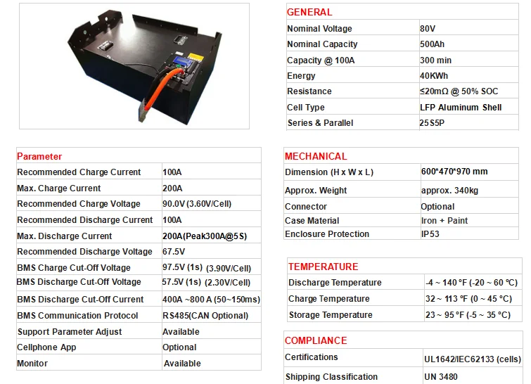 80V 500Ah LiFePO4 Battery LFP Electric Forklift Battery Pack Built In BMS Protection