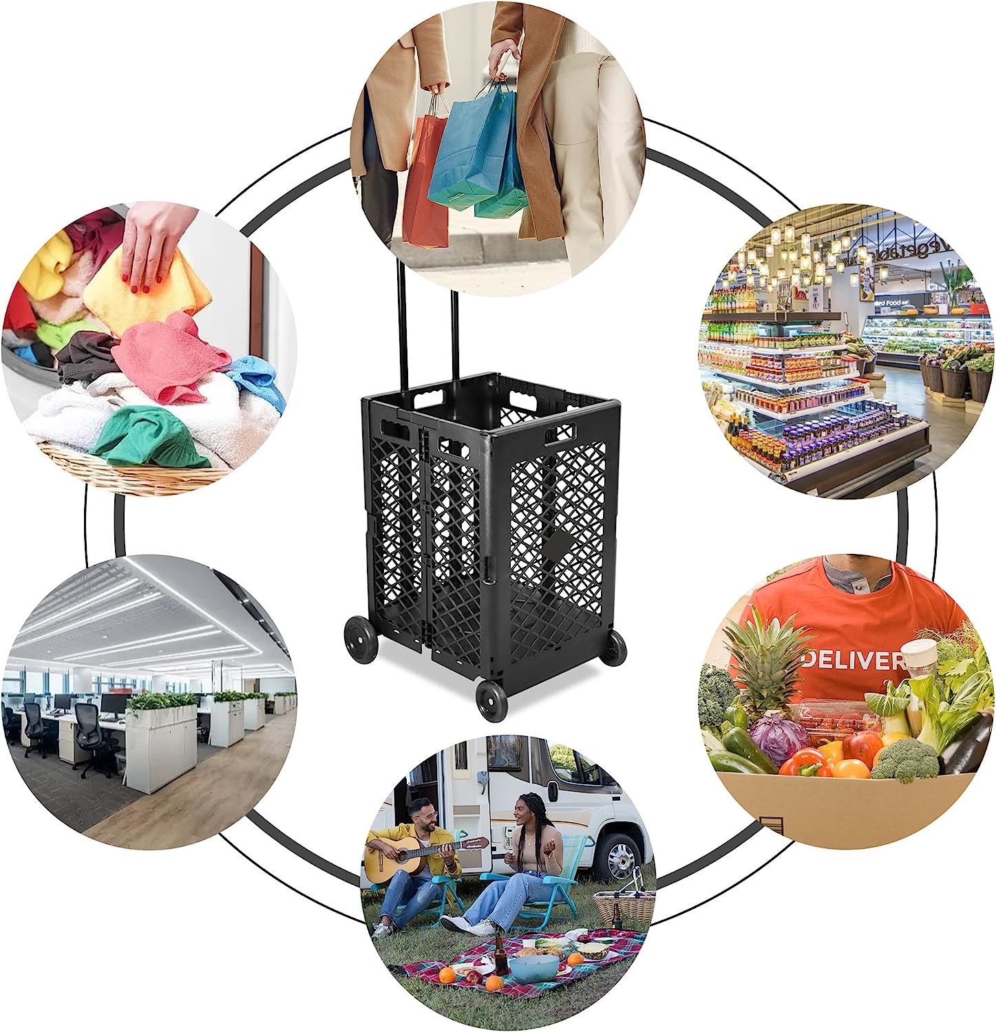 Wheels Rolling Crate - Collapsible Rolling Cart with Lid Folding Teacher Rolling Box Carrier with Handle Shopping