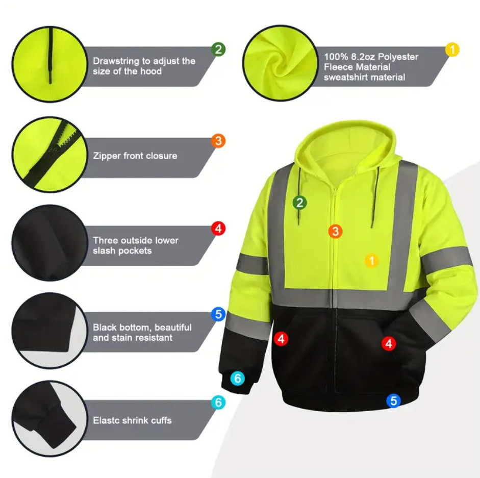 Construction Site Long Sleeve Plus Fleece Zipper Reflective Hoodie Outdoor Highlight Safety American Size Cardigan Coat