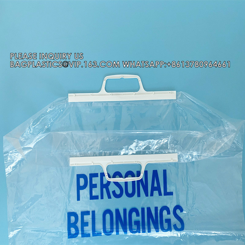 Hard handle Patient Belonging Bag, 1.4 mil Thick, 20" W x 20" Large, 4" Gusset, Clear Bag with Blue Print
