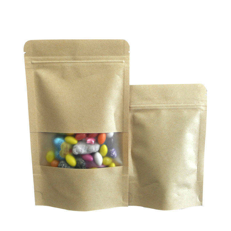 Water-proof Plastic Laminat Resealable Ziplock Brown Kraft Bags with Window for Storage Tea, Coffee Bean, Food Packaging