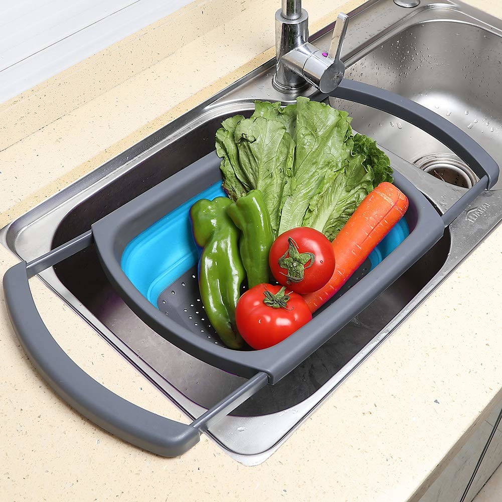 Silicone Collapsible Colander Strainer Over Sink Vegetable/Fruit Colanders Strainers (6Quart) With Extendable Handle