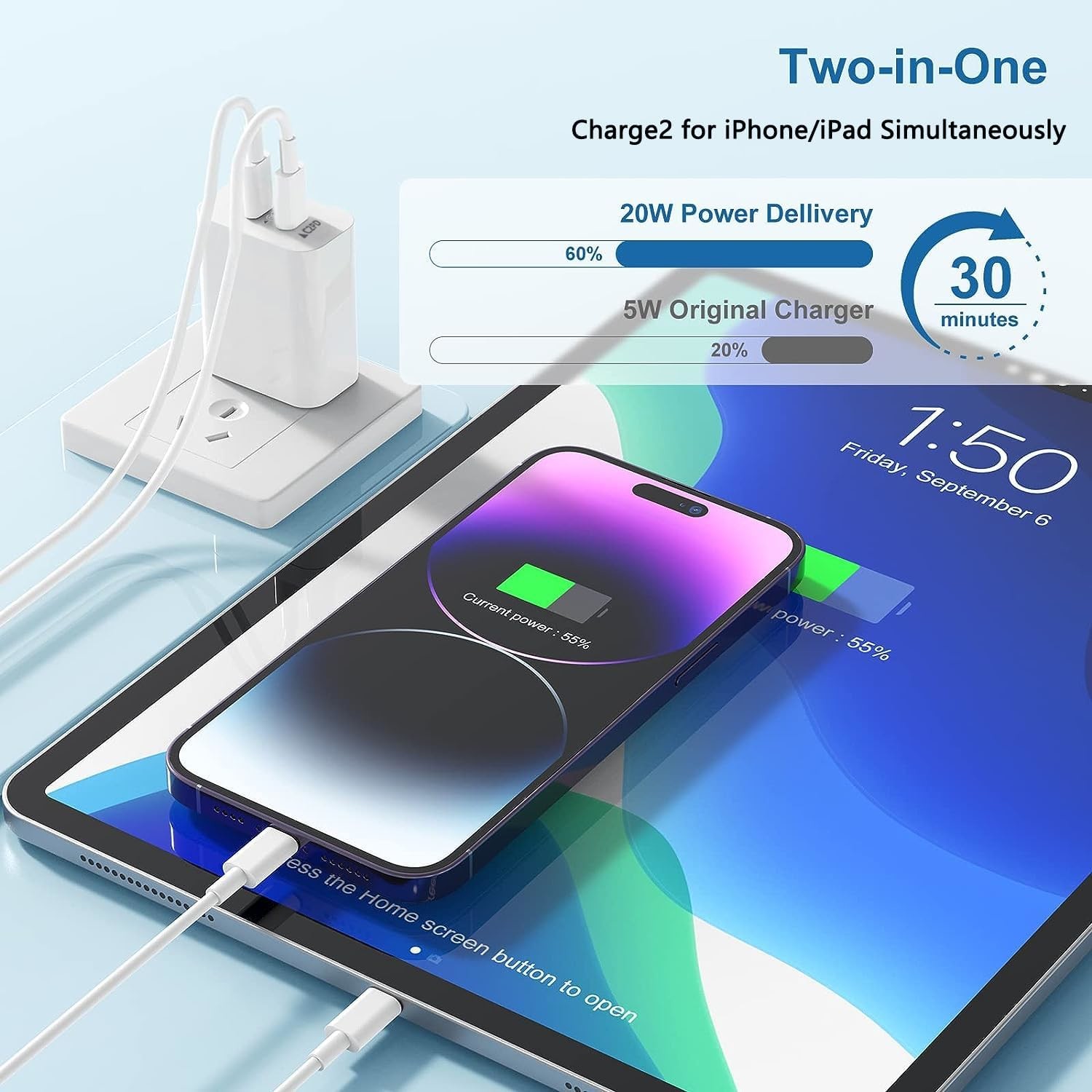 Dual USB C Port PD Fast Charger Adapter 40W For Apple Watch & IPhone