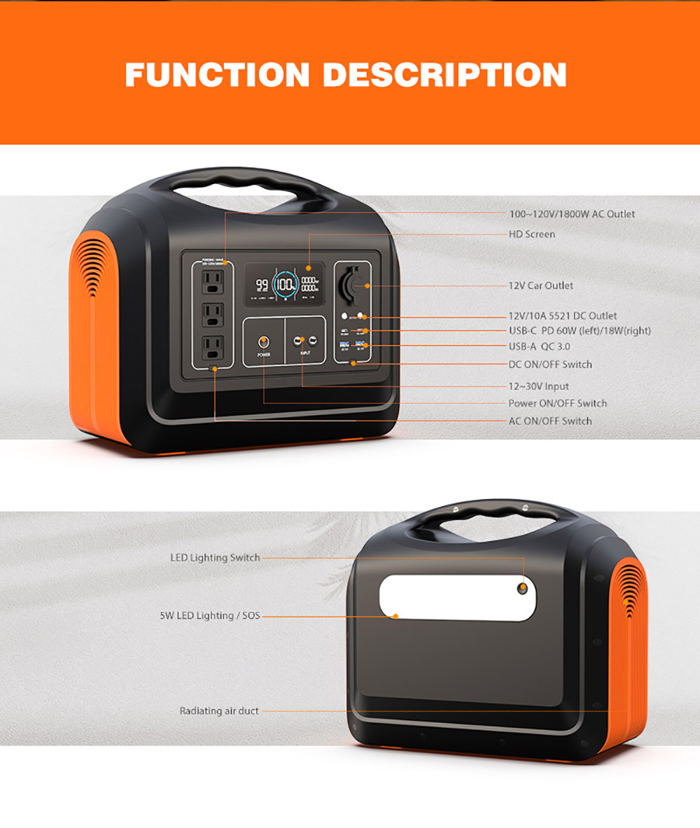 EU 1800W Outdoor Solar Portable Power Station For Camping With Panel