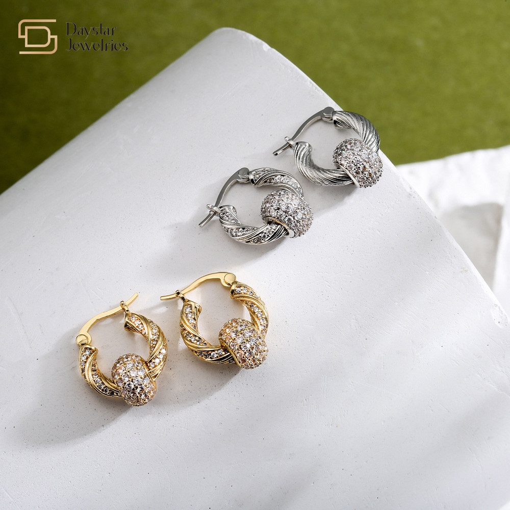 Gold Plated Rhinestone Hoop Earrings , Twist Diamond Ball Charm Pendant Earrings