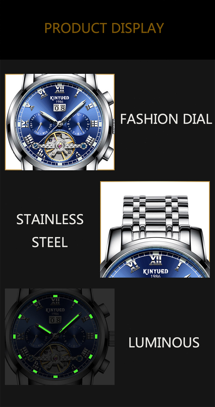 KINYUED Sliver Stainless Steel Mechanical Watch Long Service Span