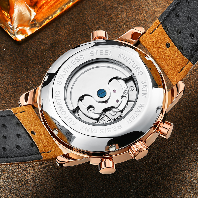 Durable Genuine Leather Wrist Watch Gold Case Hardlex Glass Black Dial