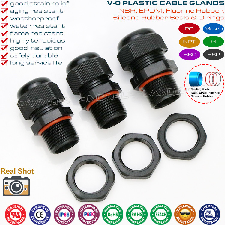 Flameproof Polyamide Nylon Cable GlaPolyamide Nylon Black Flameproof Cable Glands IP68 (UL94V-0) PG7~PG48 / M10~M75 with PG & Metric Threadsnds IP68 (UL94V-0) with PG & Metric Threads