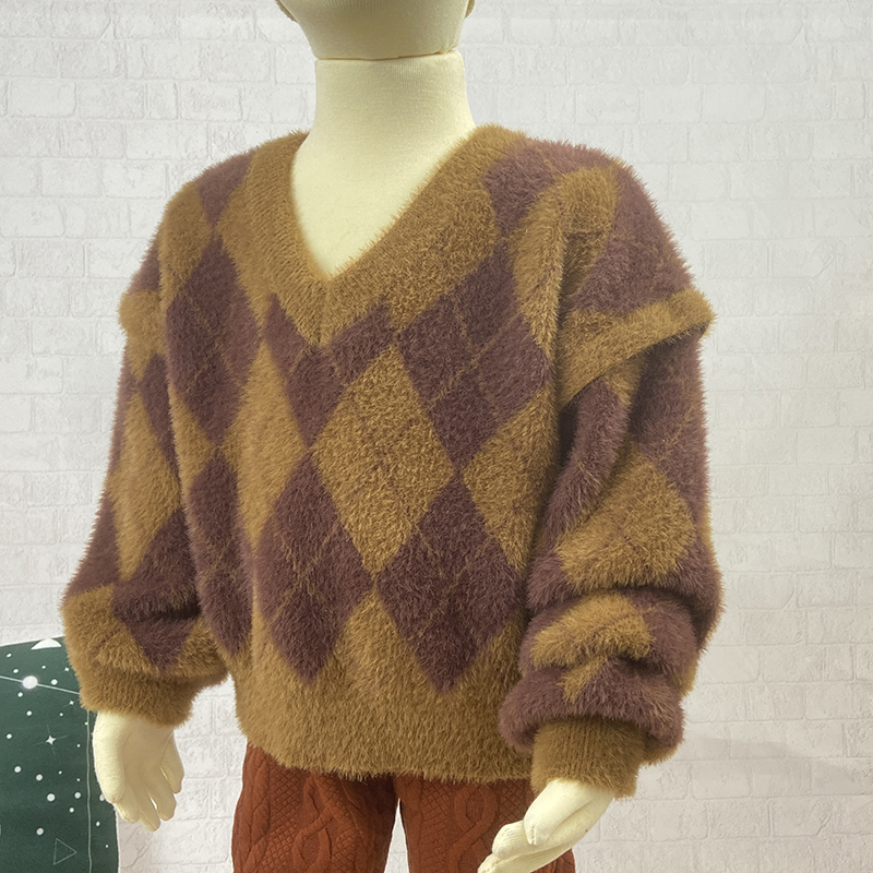 Children's Jacquard Pattern Kid Knitted baby Girls and Boys Lantern Puff sleeve pullover Furry Sweater