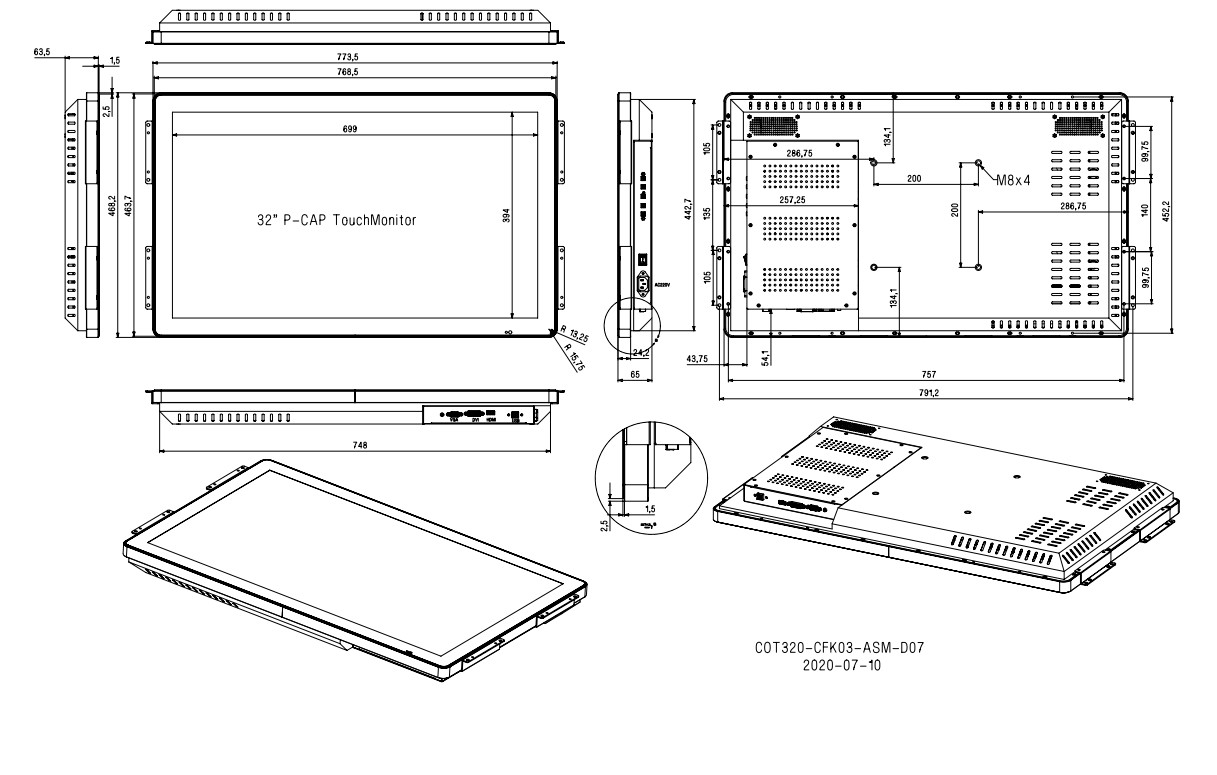 AC 220V PCAP Touch Panel Fit IP65 , 32Inch Projected Capacitive Touch Screen Monitor
