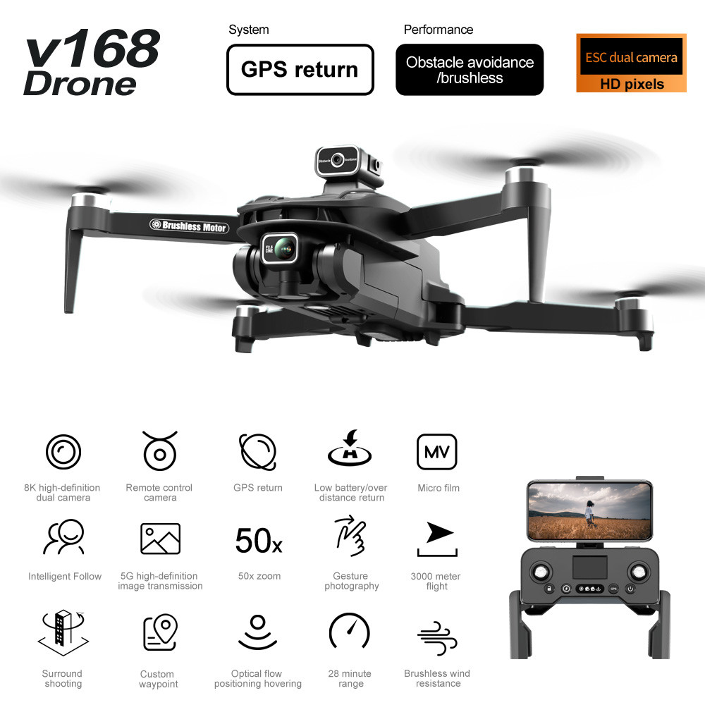V168 GPS Drone 4K Camera Optical Flow Obstacle Avoidance Helicopter Beginner Drones