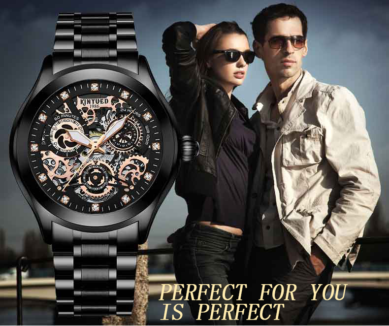 KINYUED oem waterproof custom logo leather fashion tourbillon skeleton wrist watch luxury automatic watches mens watch