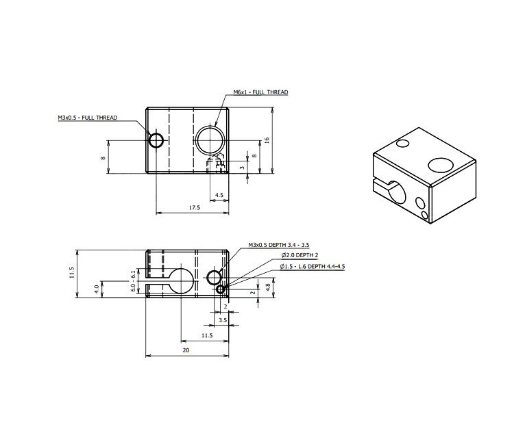 16mm*12mm*20mm Aluminum 3D Printer Heater Block V6 J Head