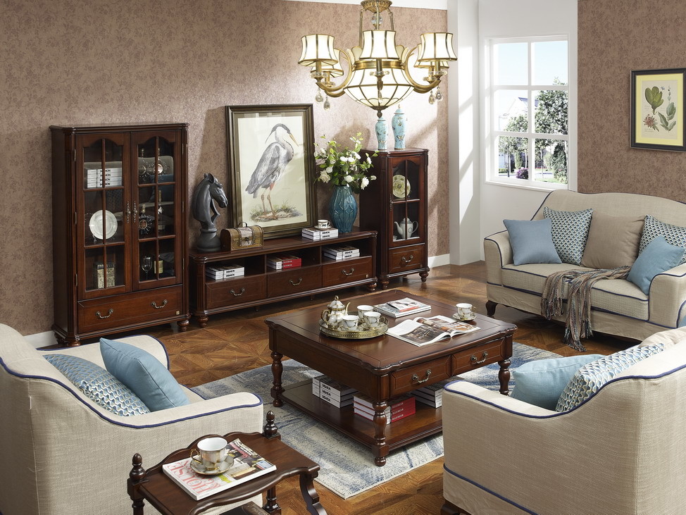 Rubber Wood Home Living room Leisure Amercian Furniture TV wall unit By Floor stand and Combine Cabinet with Hanger rack