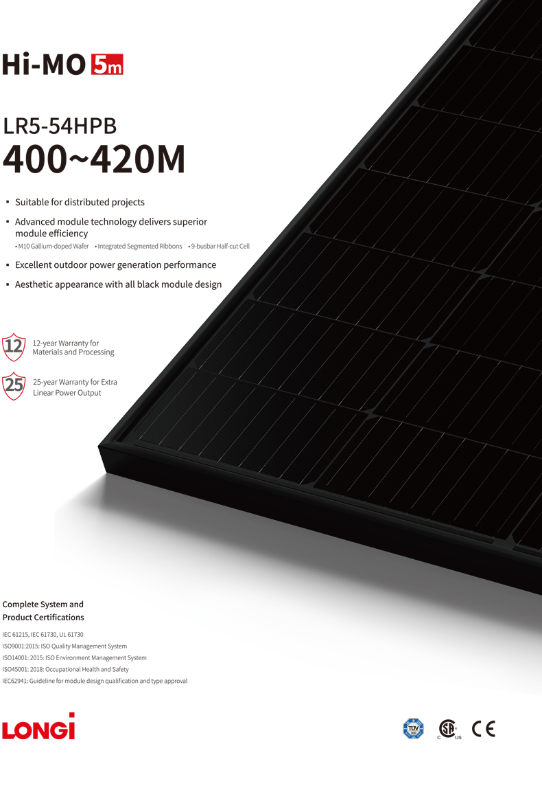 Longi LR5-54HPB 108 Cell Solar PV Module Panels 405w 410W 415w For Home