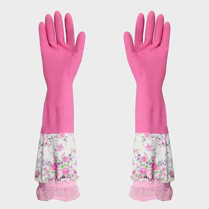 With Beautiful Patterns Pink Extra Long Sleeve Rubber Gloves For Kitchen Cleaning